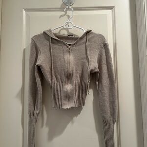 PrettyLittleThing ZipUp cropped knit ribbed sweater hoodie women’s size M Tan
